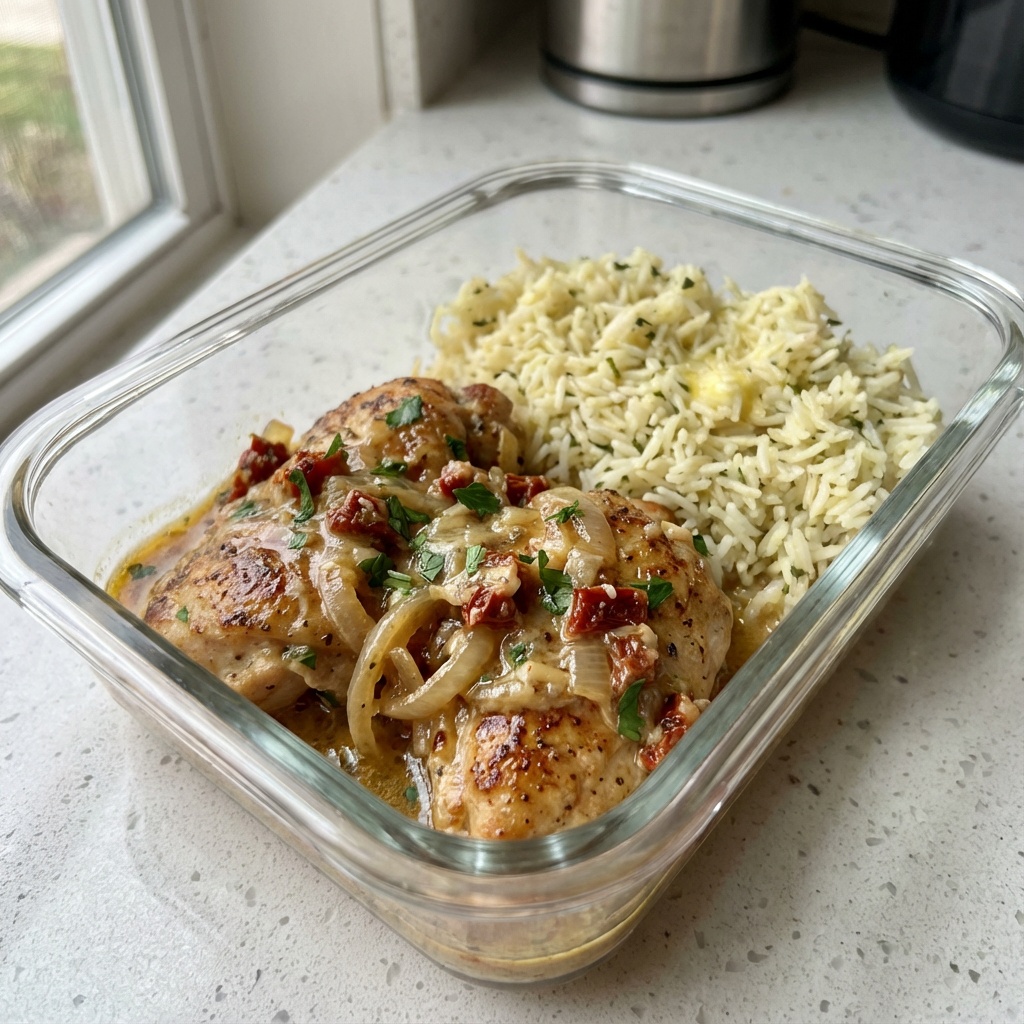 Caramelized Onion Creamy Chicken with Lemon Rice