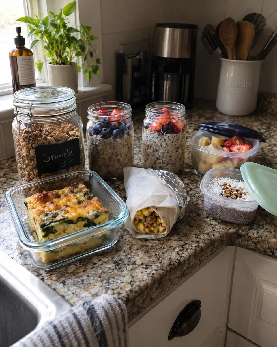 Six prepped breakfasts in glass jars and containers on a kitchen counter