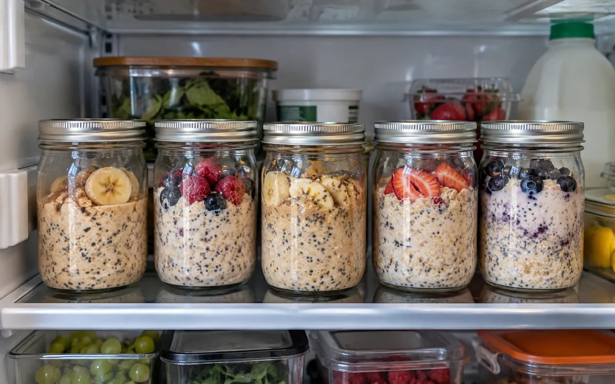 Jars of overnight oats on a fridge shelf
