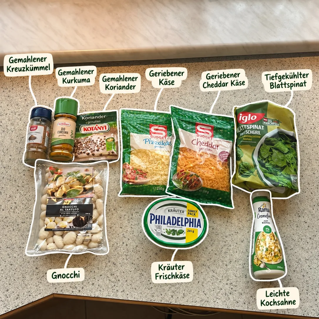 Gnocchi, Tiefkühlspinat, geriebener Käse, Cheddar, Kräuterfrischkäse, Kochcreme, Kreuzkümmel, Kurkuma und Koriander mit Beschriftungen auf einer Küchenarbeitsplatte