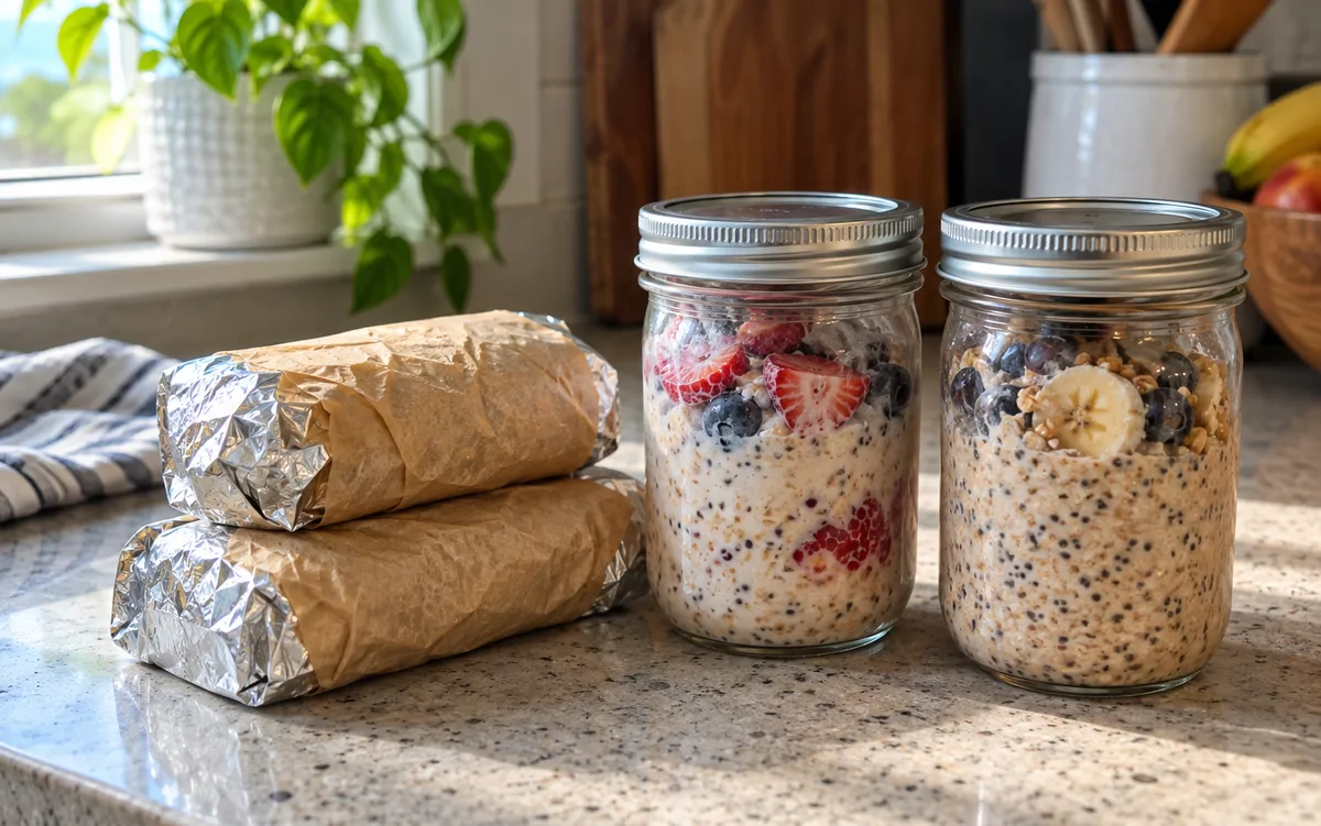 Wrapped breakfast burritos stacked beside sealed oat jars