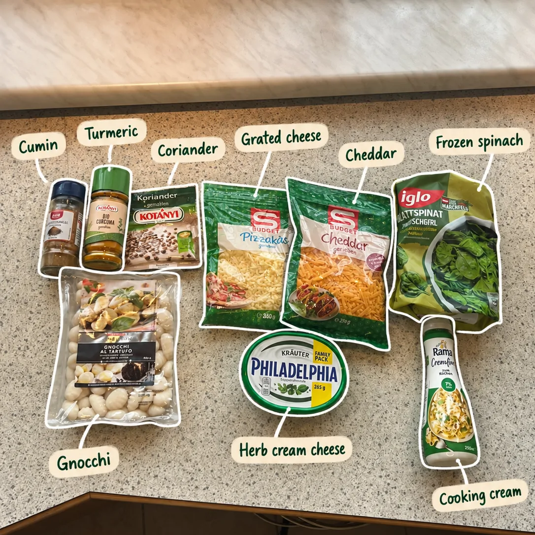 Gnocchi, frozen spinach, grated cheese, cheddar, herb cream cheese, cooking cream, cumin, turmeric and coriander arranged on a kitchen counter with ingredient labels