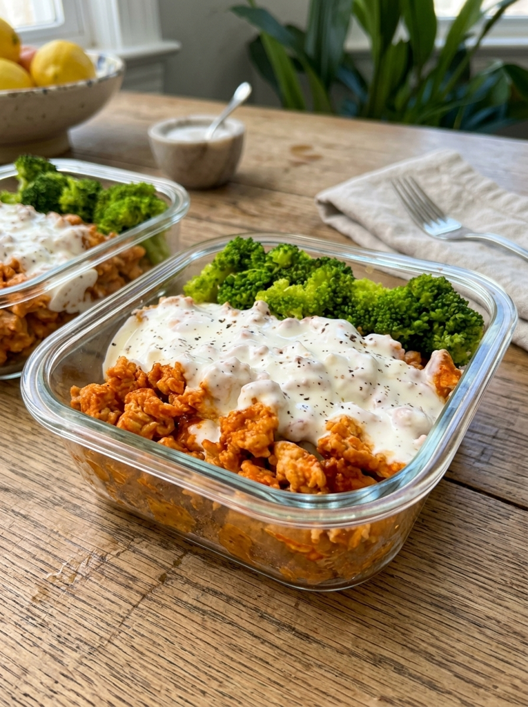 Buffalo Chicken Loaded Sweet Potatoes with Garlicky Lemon Sauce