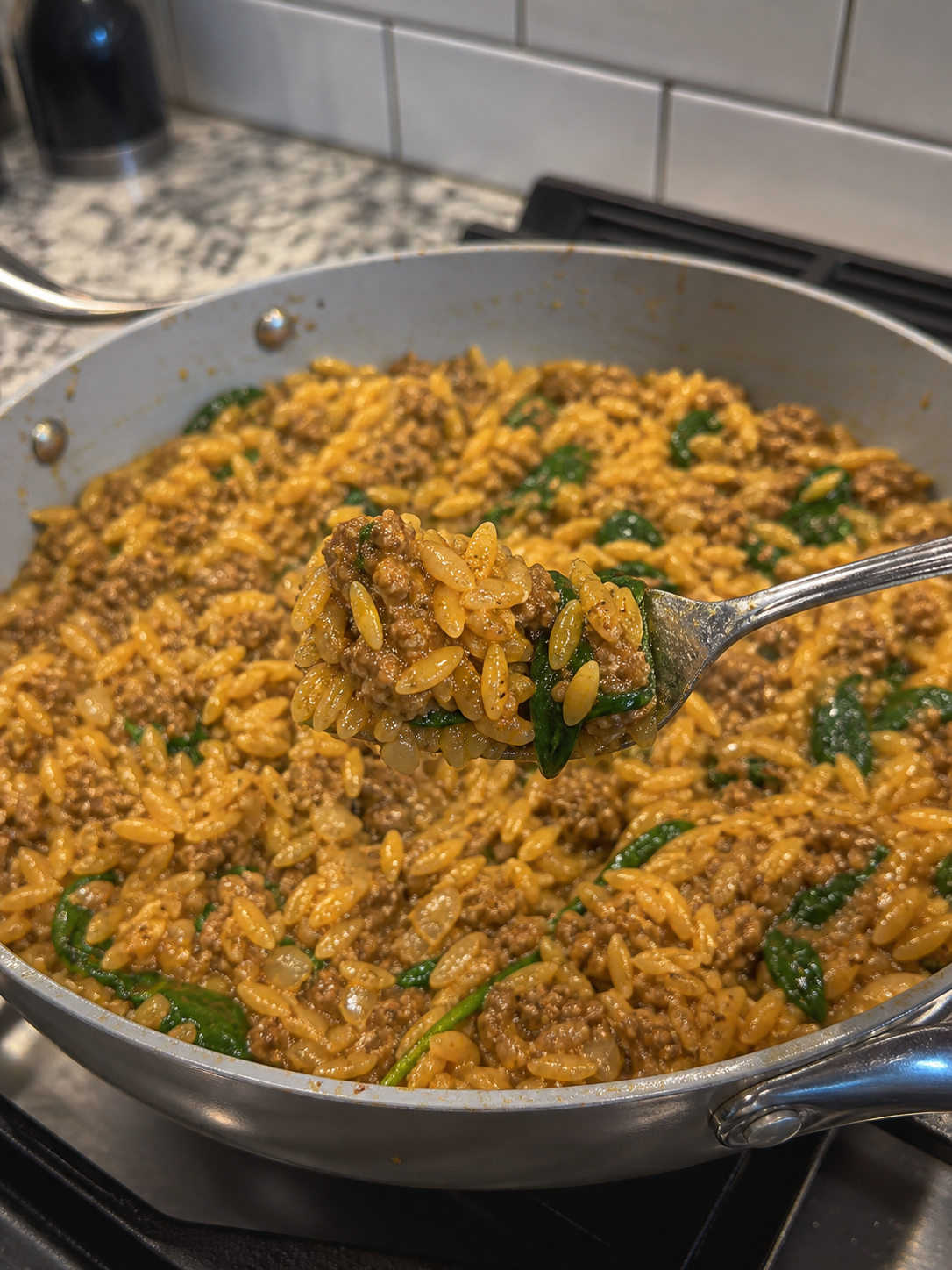 Creamy Ground Beef Orzo Skillet