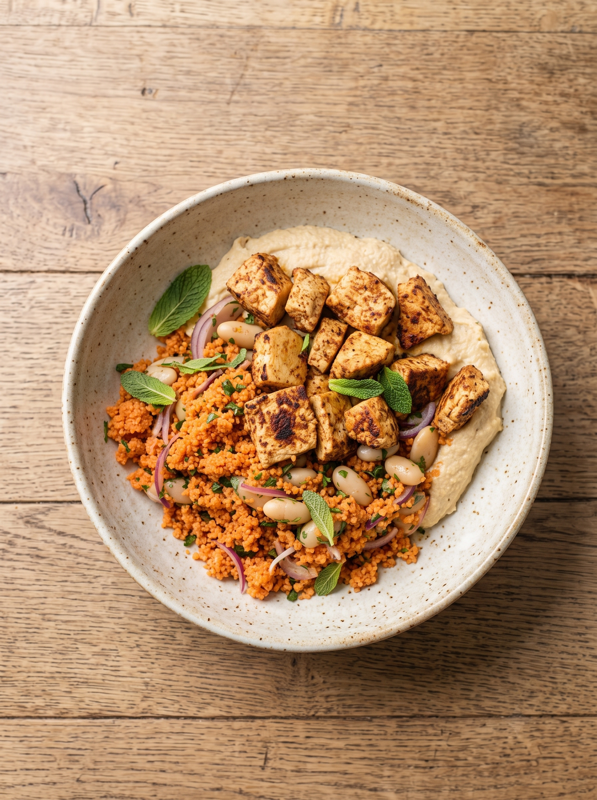 Mediterranean Tofu Plate with Couscous Bean Salad and Hummus